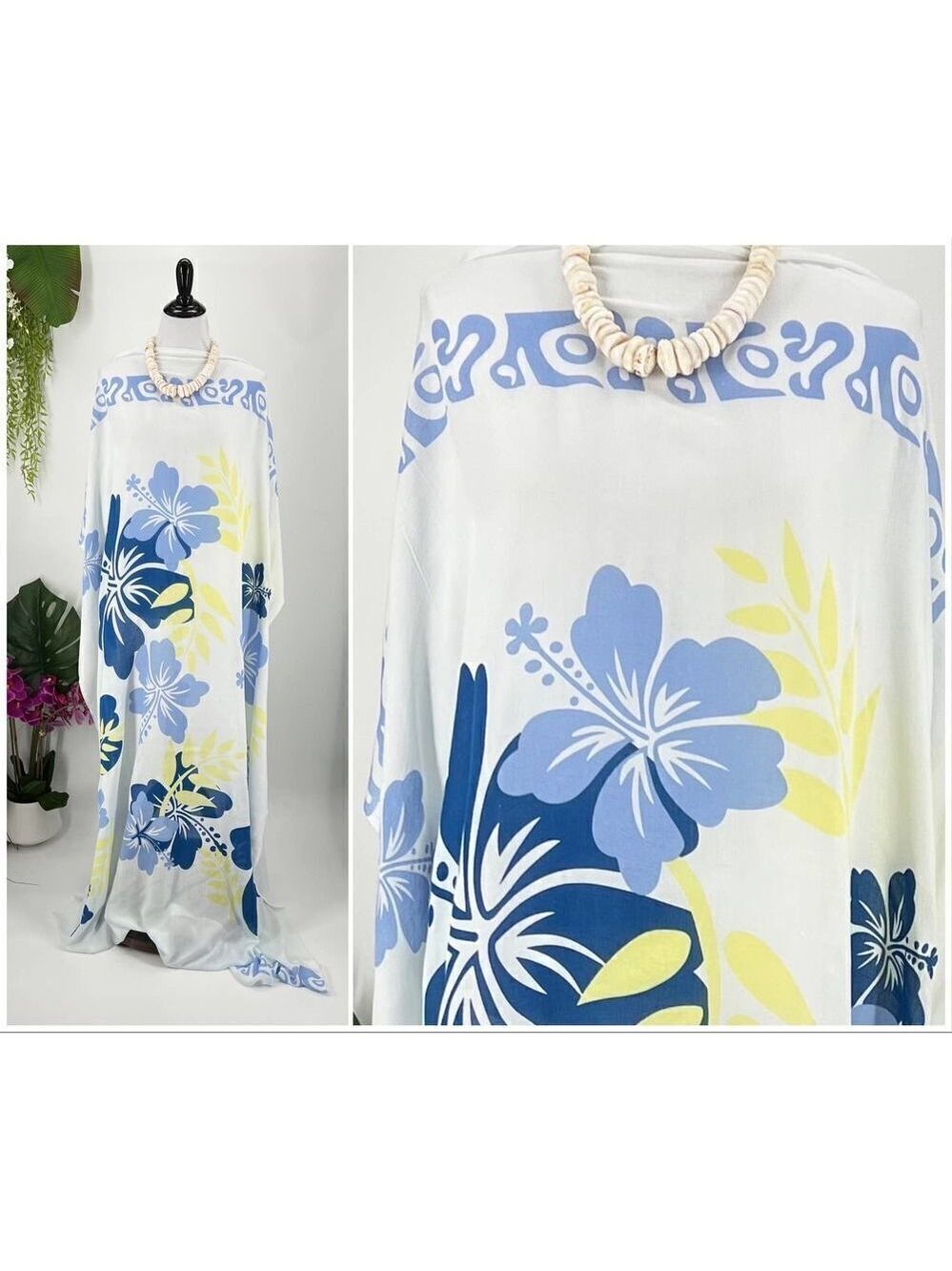 White Blue Yellow Tropical Hibiscus MAXI SARONG Kīkepa Pareo Beach Wrap Skirt